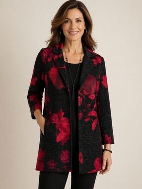 Chico's Wild Poppy Red Floral Jacquard Topper Jacket Textured Size 1.5 (10)